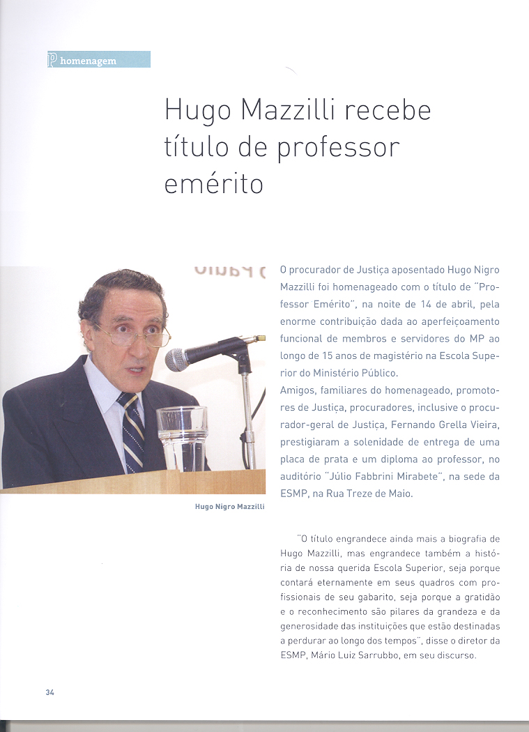Capa/primeira página da reportagem da revista Plural sobre o título de Professor Emérito concedido a Hugo Nigro Mazzilli (2011)